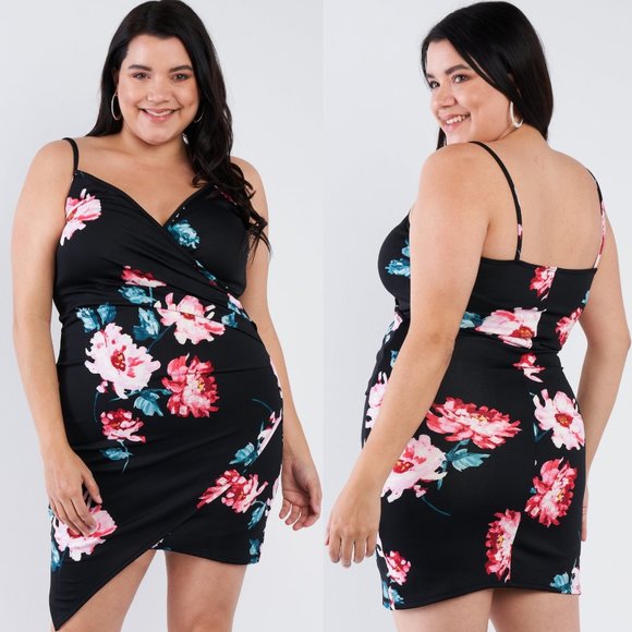 Floral Print V-Neck Cinched Size Chic Mini Dress - Picture 4 of 7